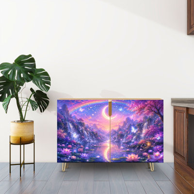 Sideboard Buffet Cabinet with Storage Dreamy Fantasy Waterfall Landscape Crescent Moon Rainbow Sparkling with 2 Doors for Living Room and Kitchen