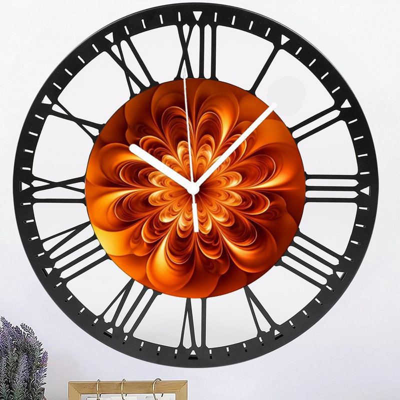 Horloge murale ronde en fer 10 po avec mouvement à quartz silencieux, chiffres romains, impression UV, Orange métallique