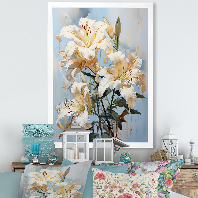 " Lilies Blossoms In Bloom II ", 44" H x 34" W x 1.5" D, White Single Picture Framed
