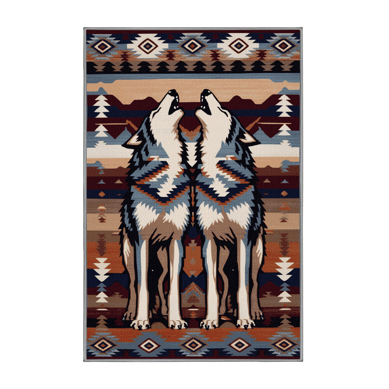  Washable Wolf Inspired Southwestern Area Rug, Rectangle 6' x 9'