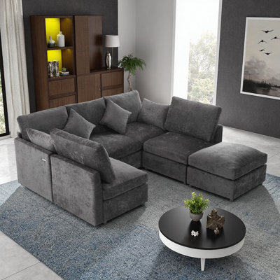 Black Modular Sectional Sofa with Movable Ottoman and USB Ports, Flexible U/L-Shape for Modern Living