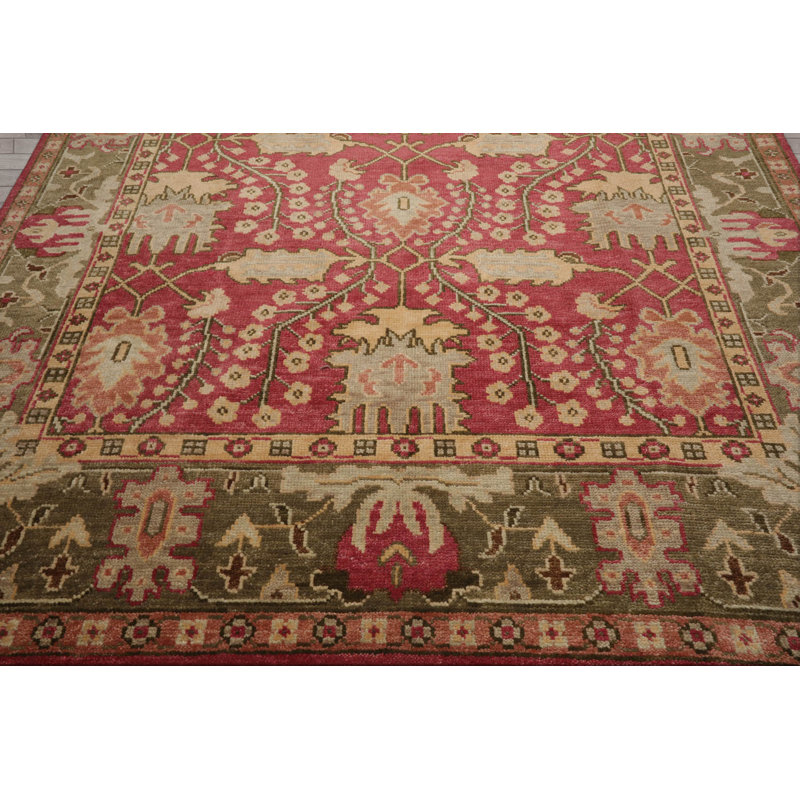 Wool Oriental Area Rug in Raspberry/Sage/Peach/Moss
