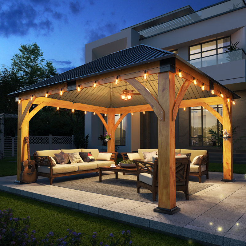 12Ft × 14Ft Outdoor Spruce Wood Hardtop Gazebo, Heavy-Duty Galvanized Steel Gazebo, 9.35 ft. H x 12 ft. W x 14 ft. D
