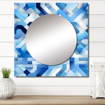 Bleu et blanc rayé symétrique - art moderne carré de miroir mural de salon