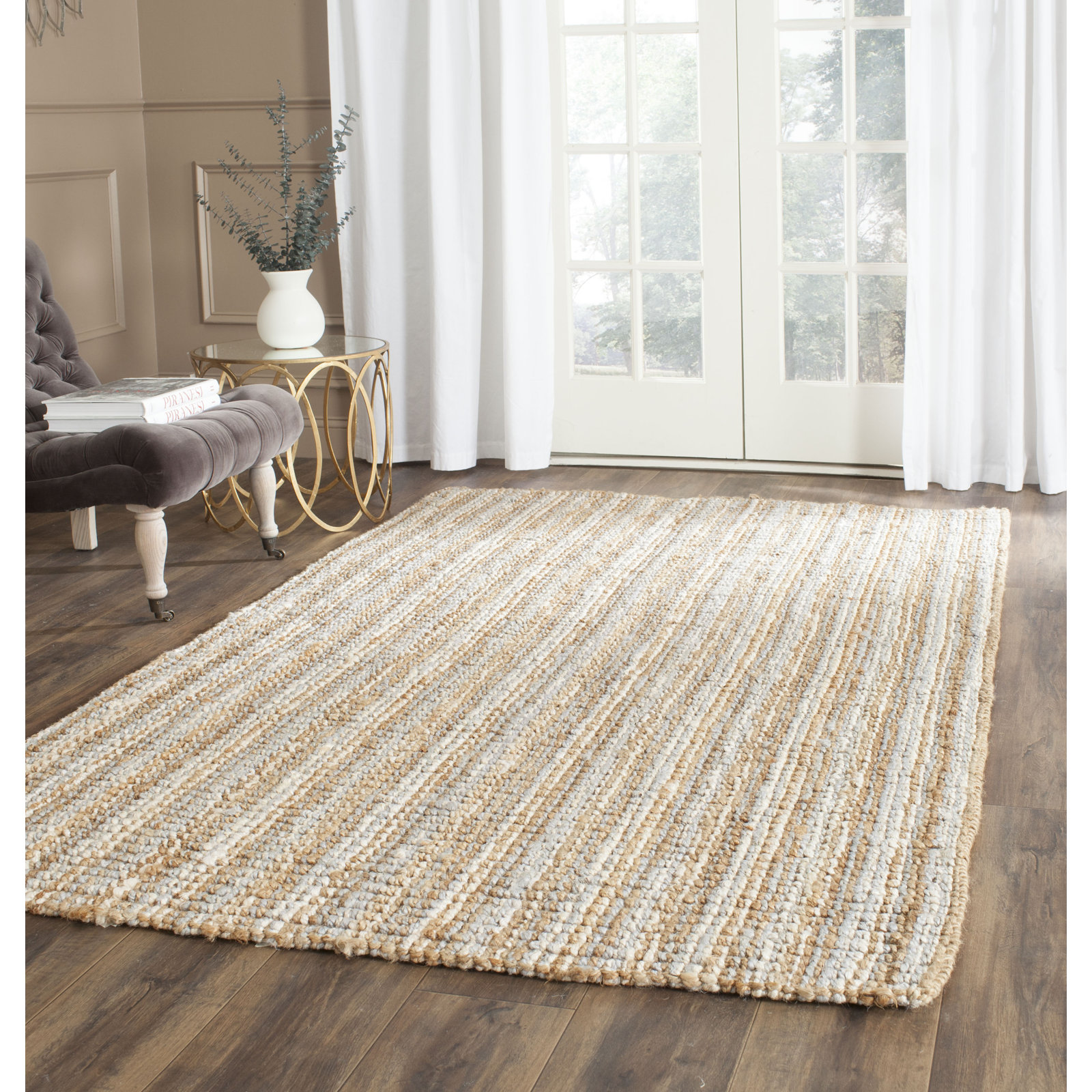 Alda Gray Natural Hand-Woven Striped Jute Rug, Rectangle 5' x 8'