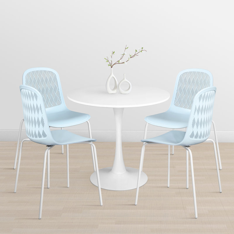 Mid Century Modern Dining Chairs with  Hollow Backrest，Metal Dining Chairs, Light Blue, White