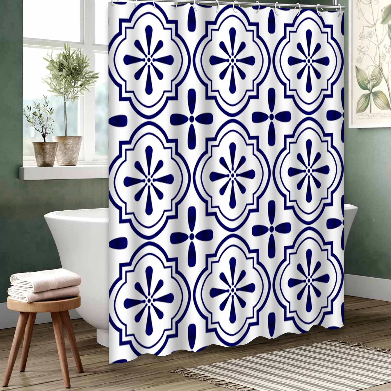 East Urban Home White Waterproof Shower Curtain,Tile Blue and Floral ...