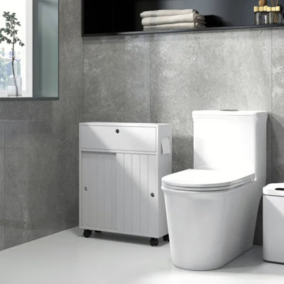 White Slim Rolling Bathroom Toilet Paper Storage Cabinet with Sliding Doors & Adjustable Shelf