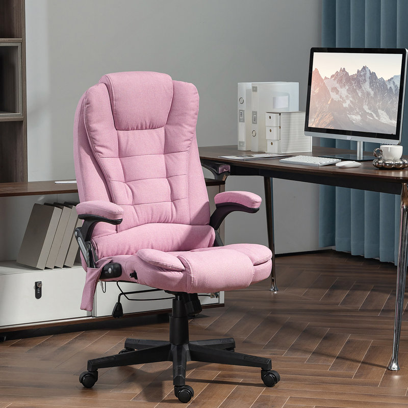 Fauteuil de bureau à 6 points de massage vibrant avec chaleur, fauteuil de bureau en lin à dossier haut avec dossier inclinable, accoudoirs rembourrés et télécommande