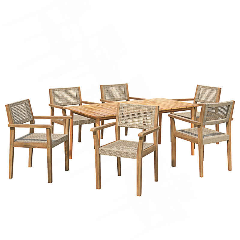 Outdoor Patio 7Pcs Dining Set, 6Pcs Faux Wicker Dining Chairs And 1Pc Dining Table