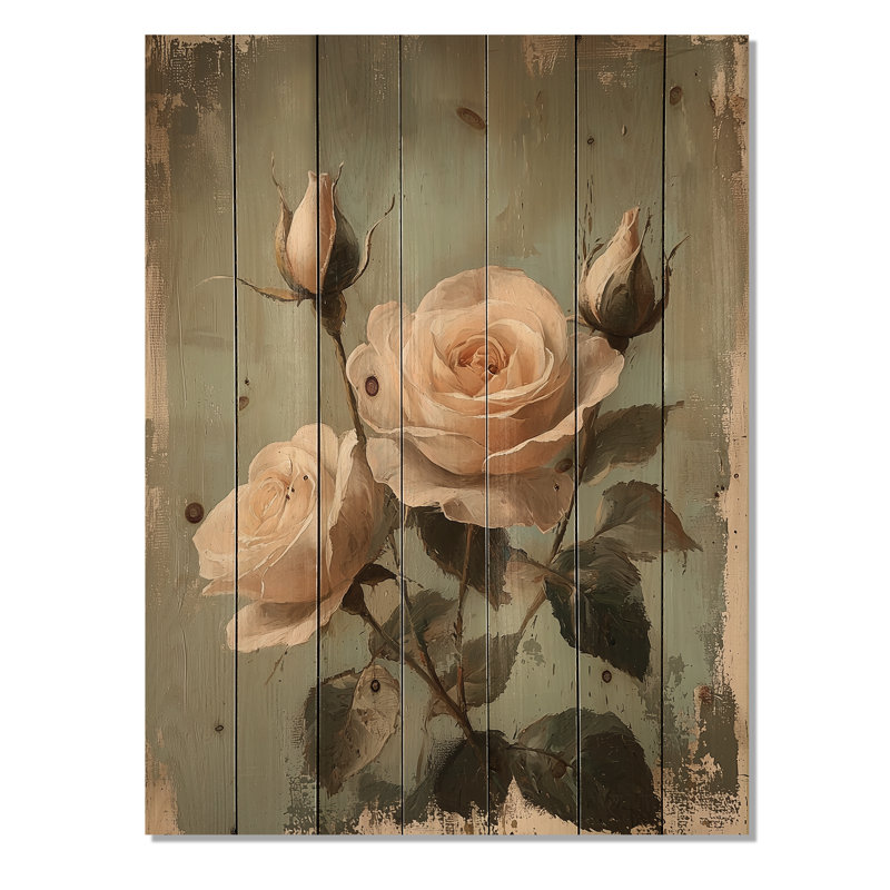 Pink Green Vintage Garden Roses - Roses Wood Wall Art - On Natural Pine Wood, 20" H x 10" W x 0.78" D