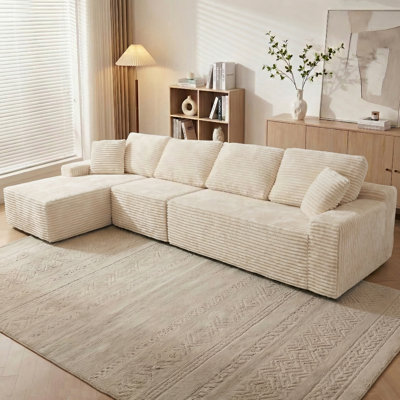 141" Modern Compression Corduroy L-Shaped Sectional Sofa with Chaise, Memory Foam & Pocket Spring Cloud Couch, No Assembly Modular Sofa for Living Room Apartment