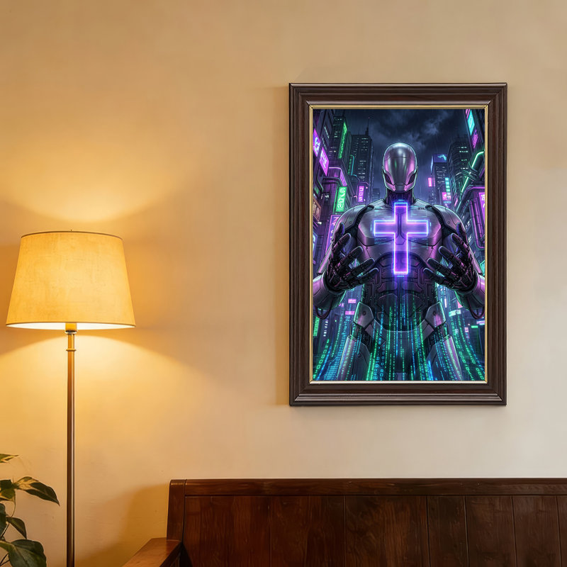 «Silver Robot with Glowing Purple Cross In Neon City», art mural sur toile, 24"H x 16"W