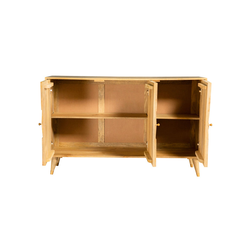 Armoire décorative à carreaux à 3 portes de couleur naturelle, présentoir de beauté en bois biologique, trois espaces de rangement spacieux, support fuselé moderne, combiner avec un style de décoration intérieure, 18 pouces de profondeur