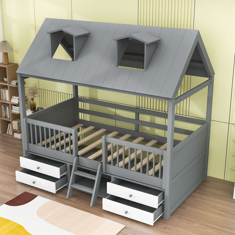 Lit en bois avec lanterneaux et tiroirs, Gris, Simple