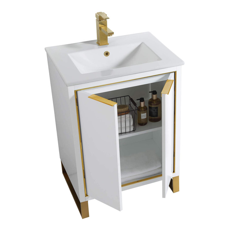 24'' Single Bathroom Vanity Set, Satin Brass, White