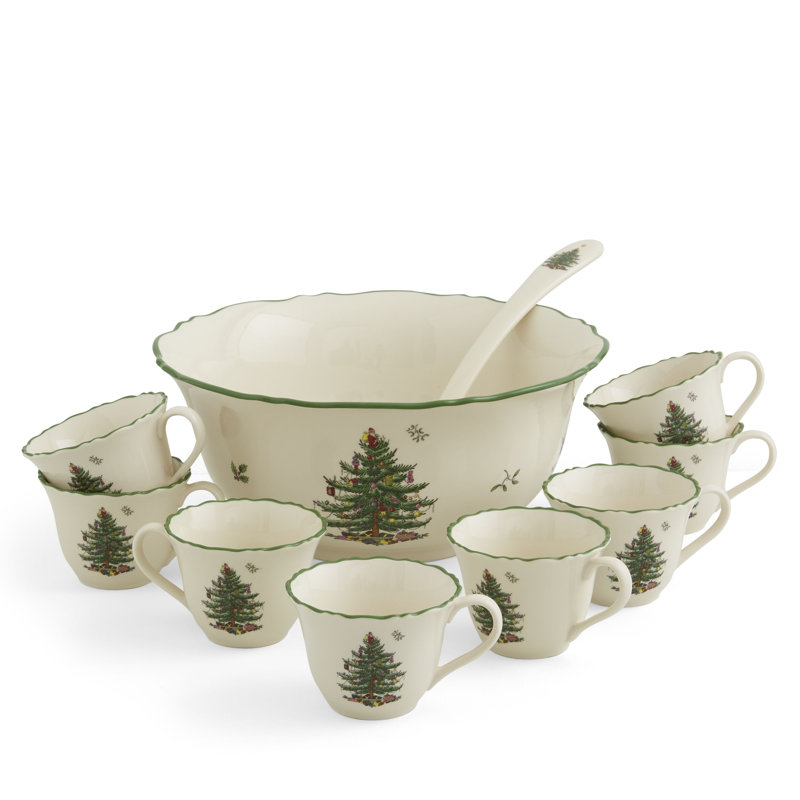 Spode Christmas Tree 10 Pc Punch Bowl W/Cups&Ladle