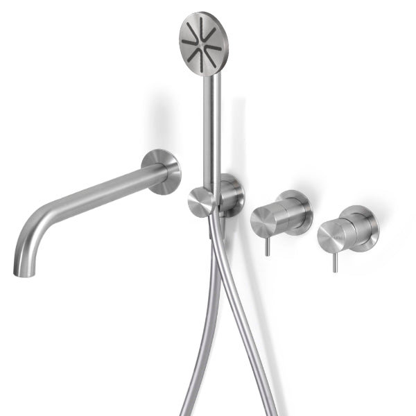 Acquaco Linki Loop Wall Mount Four-Hole Two Handle Bathtub Faucet with Hand Shower with 8-1/2'' Spout Reach