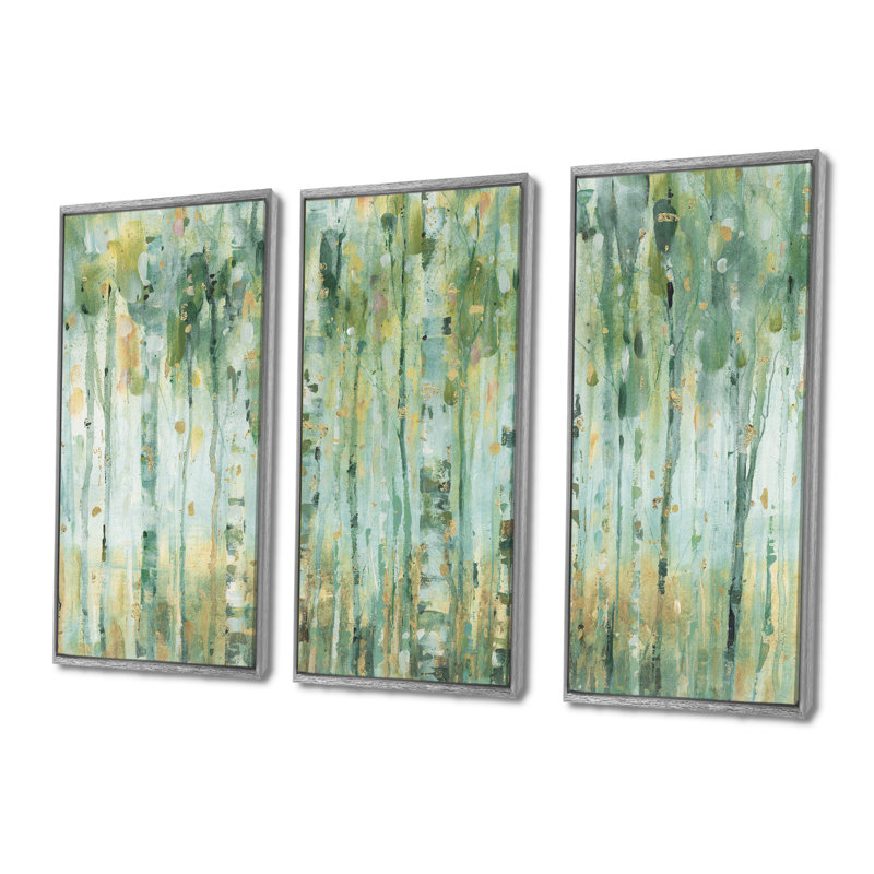 La forêt de bouleaux II - ensemble d'art mural sur toile encadré traditionnel de 3, H 32 po x l 48 po, Argent