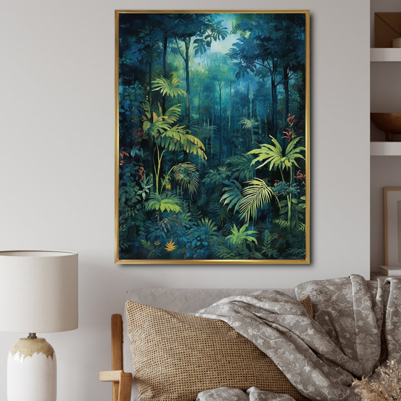 Jungle Expedition - Art mural forêt, H 32 po x l 24 po x P 1 po, Cadre flottant doré