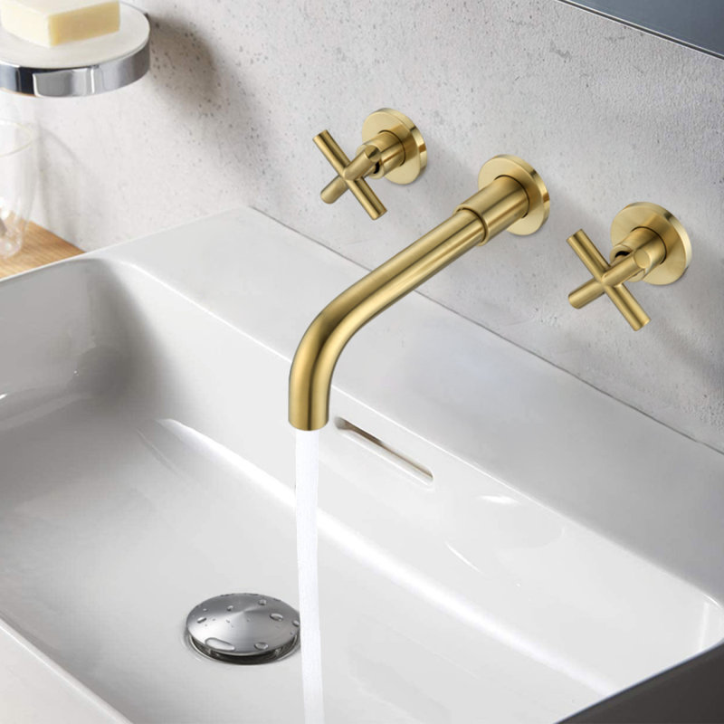 Robinet de lavabo mural avec drain escamotable (sans trop-plein), Doré
