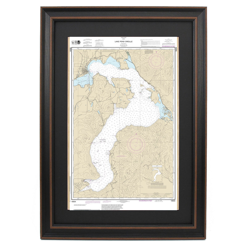 Lac Pend Oreille | Carte nautique | Reproduction encadrée, H 24 po x l 15 po