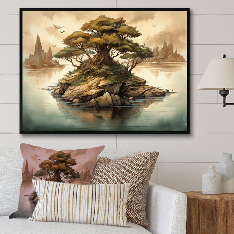 «Ruttger Bonsai Tree Island I», reproduction sur toile, H 16 po x l 32 po x P 1 po, Cadre flottant noir