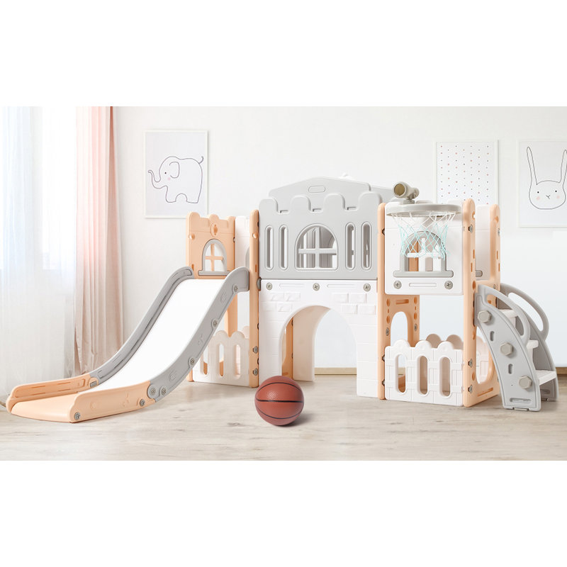 Aire de jeux intérieure 8 en 1 avec glissade pour tout-petits : Ensemble de jeux avec glissade pour bébés de 1 à 3 ans, comprenant un panier de basketball, une structure d'escalade, un tunnel, un télescope et un espace de rangement pour jouets.