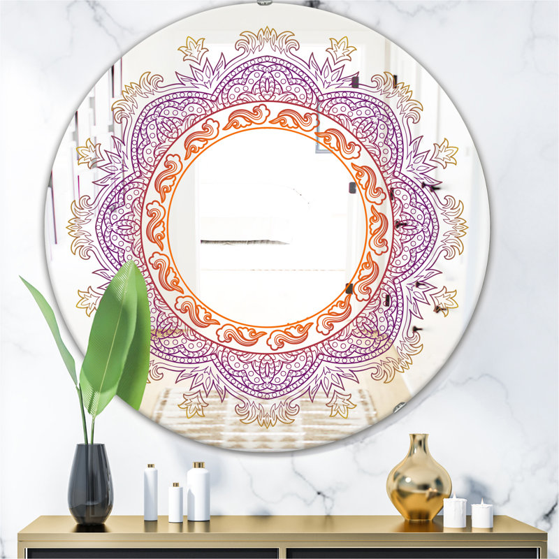 Mandala mauve et orange - miroir traditionnel, H 23,6 po x l 23,6 po