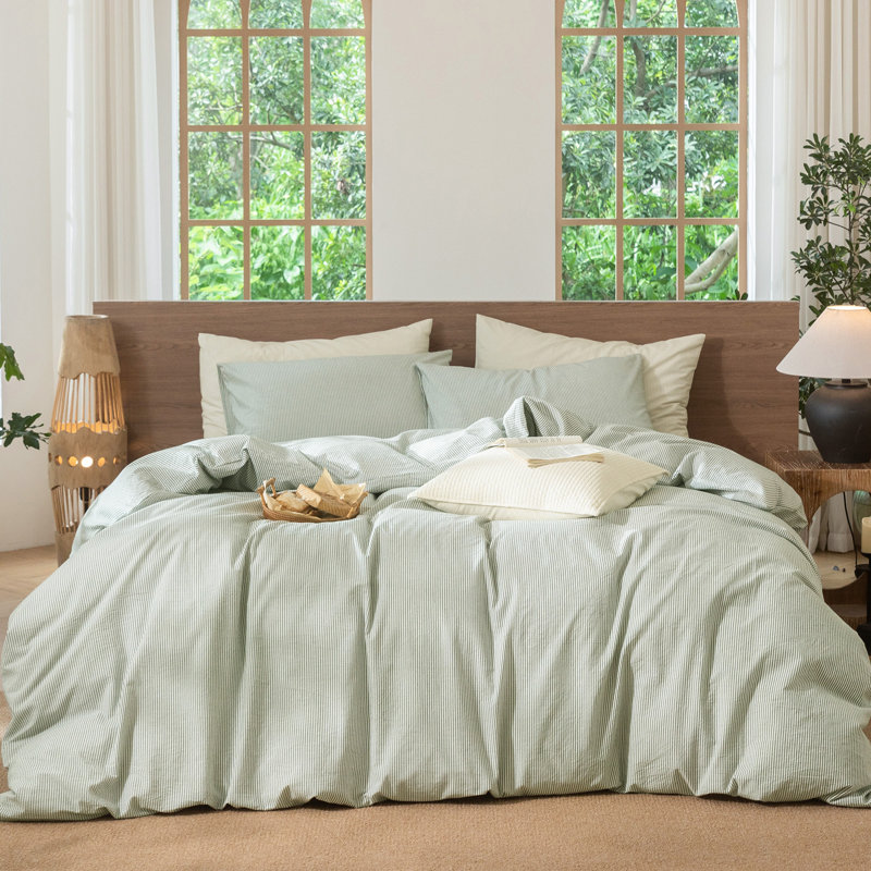 Ensemble de housse de couette à rayures 100% coton lavé MooMee, Rayures classiques - vert chiné / blanc