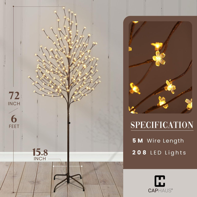 Cerisier artificiel illuminé 6 pi avec 208 lumières DEL, cerisier japonais éclairé de 72 pouces, 72", 1 pièce