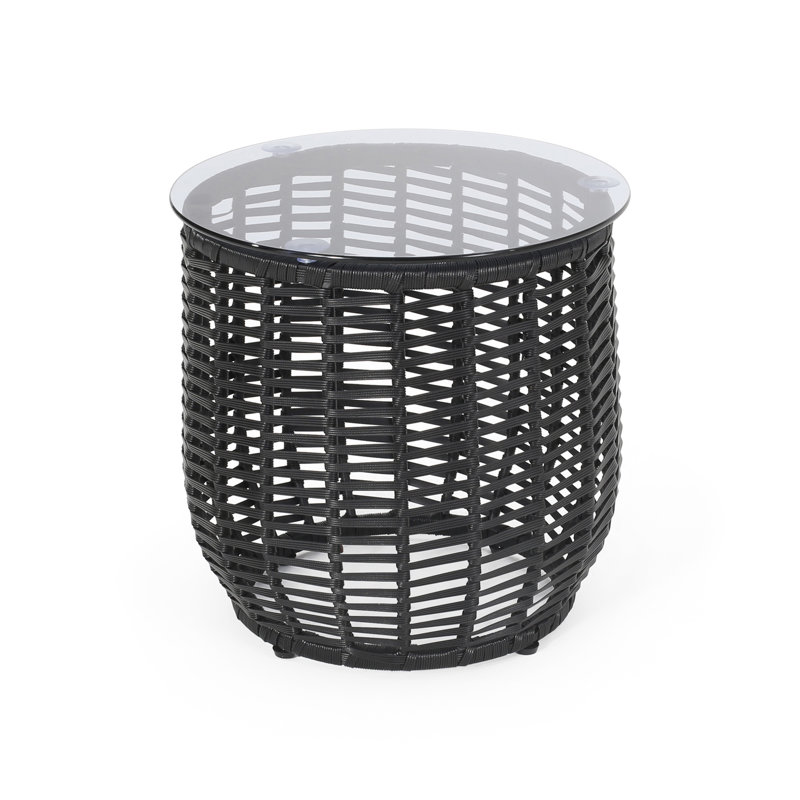 Rattan Wrapped Side Table With Tempered Glass Top, Black