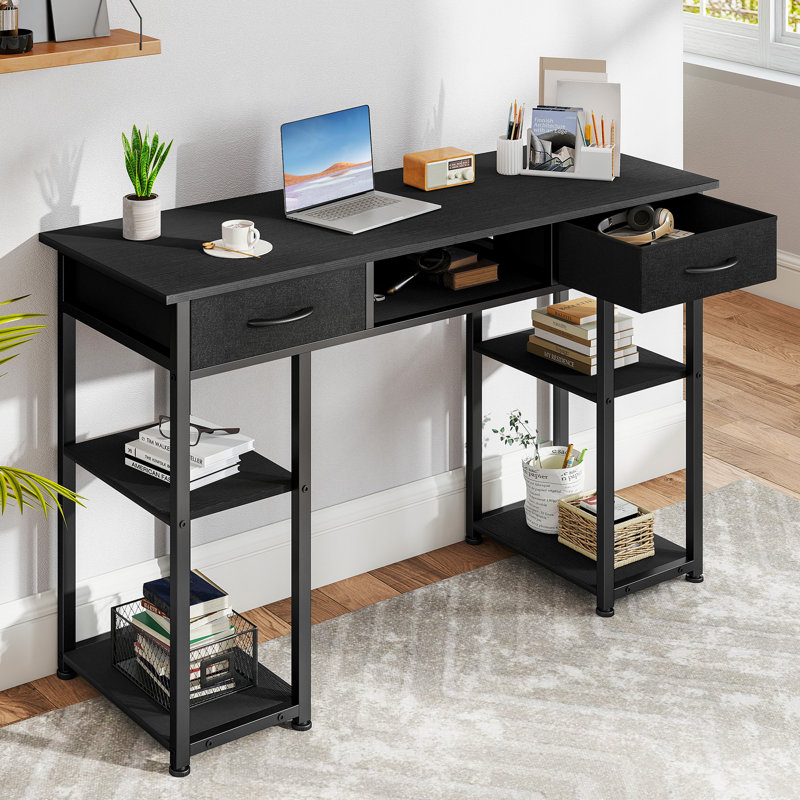 48 Inch Home Office Computer Desk with Fabric Storage Drawer and Shelves, Black