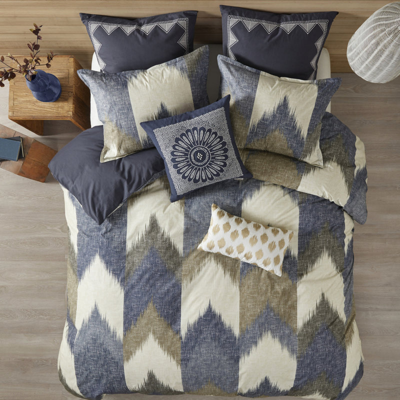 Housse de couette pour lit double / grand lit Mini - coton imprimé avec motif et fermeture à 2 taies décoratives avec attaches de coin à revers pour un look de chambre à coucher moderne