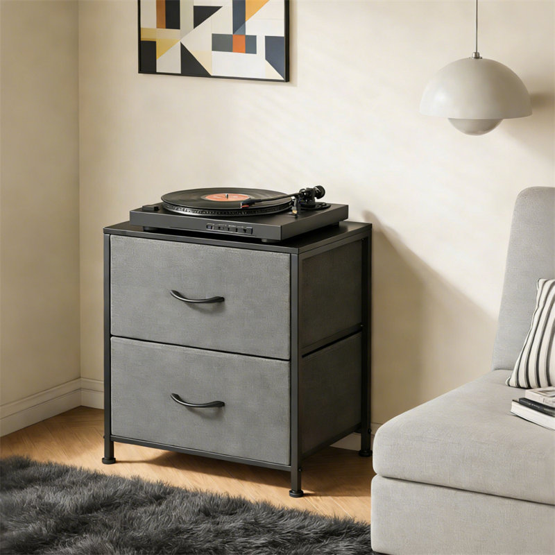 Steel Frame Wooden Top Nightstand with 2 Fabric Drawers