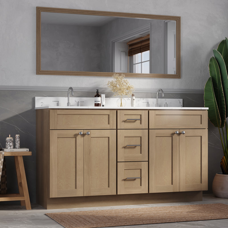 Meuble-lavabo double 61 po avec comptoir en quartz de Carrare, Chêne naturel