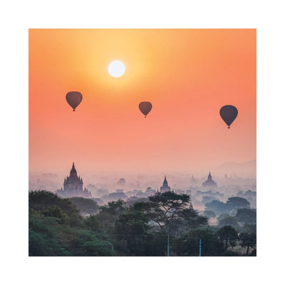 Hot Air Balloons And Old Temples In Bagan, Myanmar by Jan Becke - Wrapped Canvas Print
