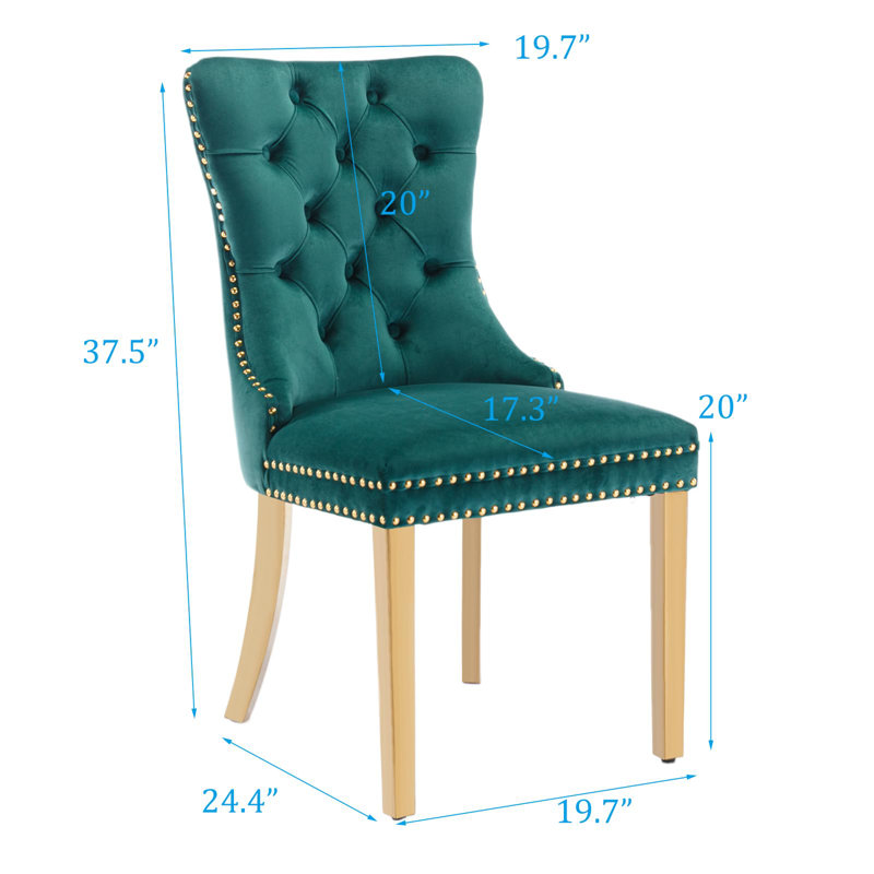 Jaqua Velvet Dining Chair Tufted Dining Room Side Chair with Solid Gold Plated Leg (Set of 2), Green