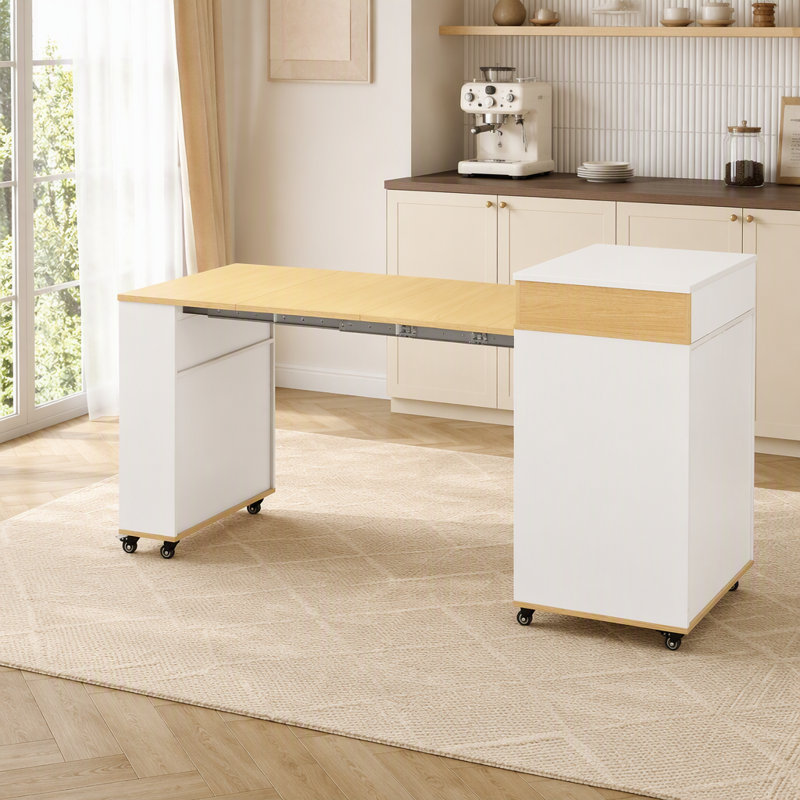 Table de salle à manger extensible avec plateau pliant extra-long, îlot de cuisine roulant avec tiroirs, prise électrique et frein de stationnement, meuble de rangement pour cuisine et salle à manger