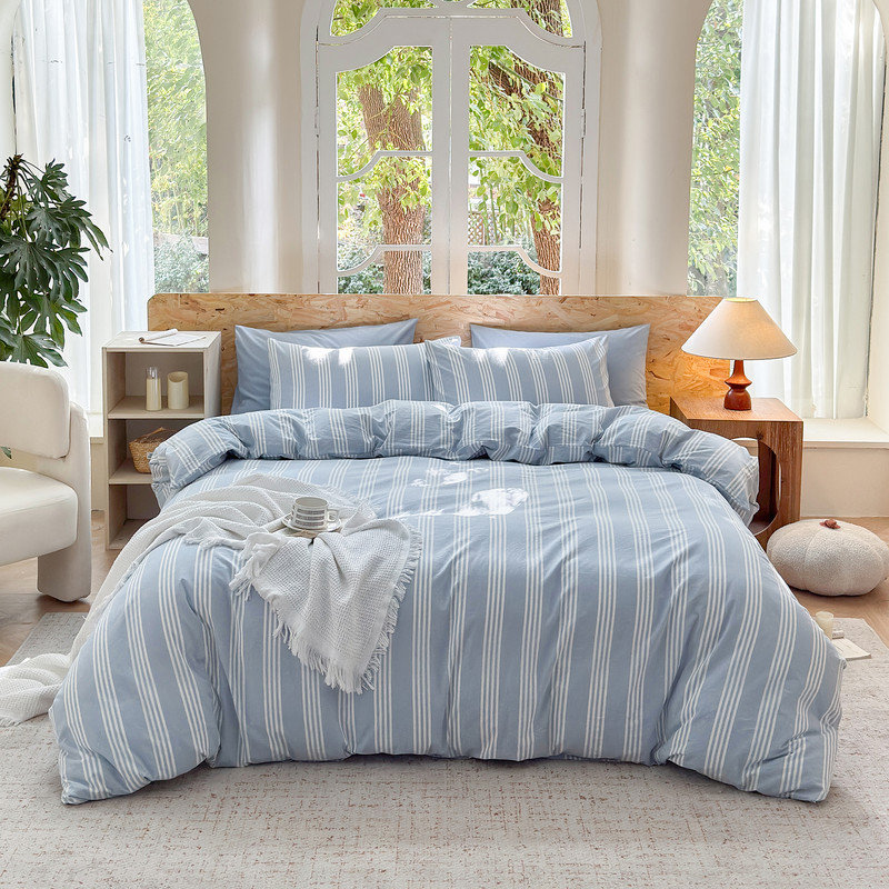 Ensemble de housse de couette rayé 100% coton délavé 3 pièces DONEUS, Housse de couette double + 2 taies d'oreiller stan