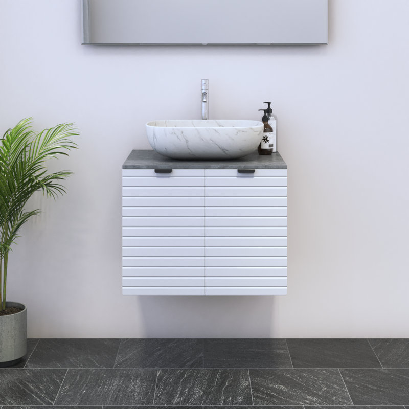 Meuble-lavabo simple 23,6 po avec dessus Kayben, Béton, Blanc
