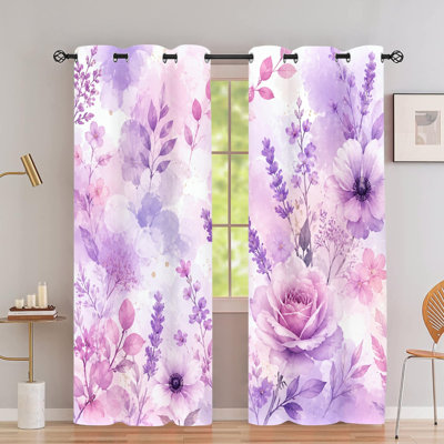 2 PCS rideaux occultants avec œillets, aquarelle lavande rose anémone à motif floral en polyester imprimé, isolation thermique, réduction du bruit, protection de la vie privée, obscurcissement des rideaux pour la chambre à coucher