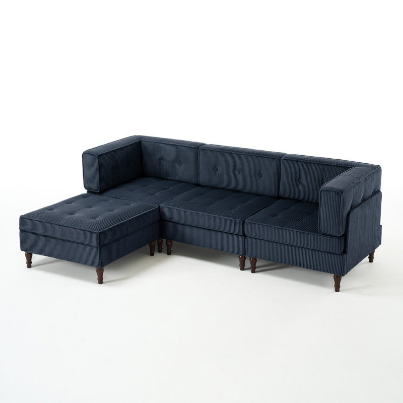 4 - Piece Upholstered Tufted Corduroy Modular Corner Sofa with Pillow Back and Removable Flip-Tray Top Storage Ottoman 