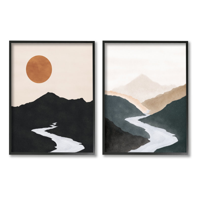 «River Flowing into Distance Mountain Sun Landscape» par JJ Design House LLC - Ensemble de 2 peintures sur toile à cadre flottant