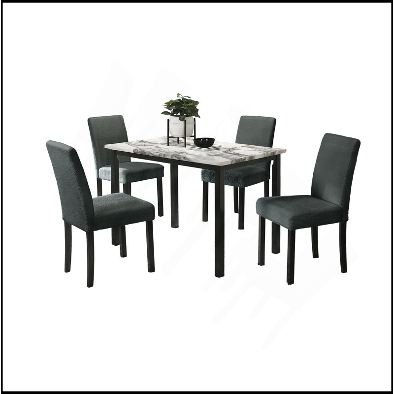 Wool Fabric Chairs Faux Marble Top Table 5Pc Dining Set Kitchen Dinette Cushions Upholstered 4X Chairs Dining Room, Charcoal
