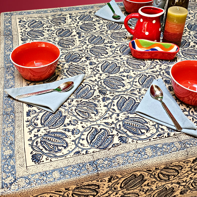 Cotton Vegetable Dye Hand Block Print Tablecloth, 90" x 60"