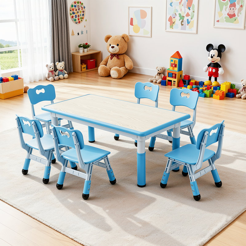 Kids Table and 6 Chairs Set, Height Adjustable Graffiti Desk, Preschool Activity Art Craft Table, for Daycare Classroom Home Boys and Girls Age 3-12 (Blue)