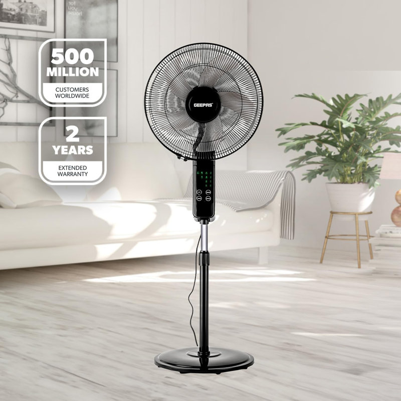GEEPAS 16’’ Pedestal Fan with Remote Control – 60W Powerful Free-Standing Oscillating Cooling Fan – Height Adjustable, 7.5 Hour Timer - 3-Speed, 5-Blade Air Cooling Floor Fan Home Office