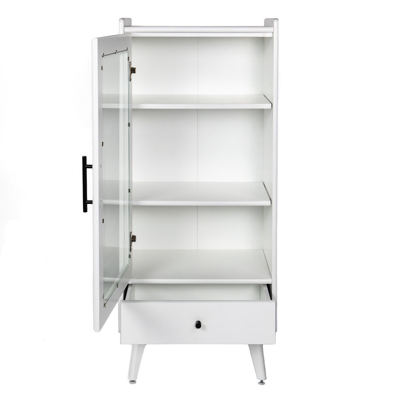 Armoire de rangement de salle de bain moderne avec porte en verre et double tablettes réglables et tiroir, Blanc