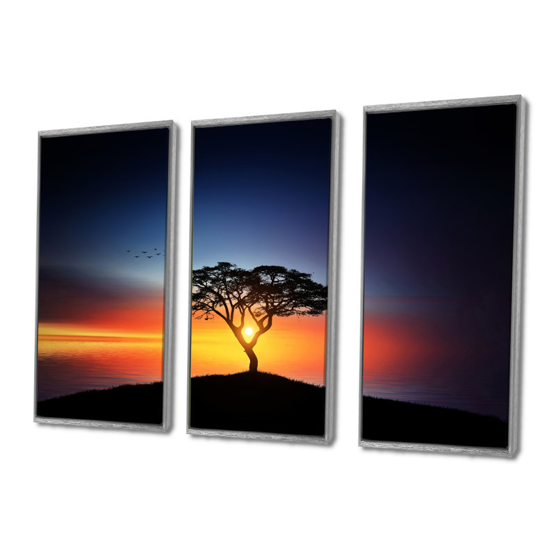 «Beautiful Sunset Over Lonely Tree», ensemble d'art mural sur toile encadré paysage, H 28 po x l 36 po, Argent